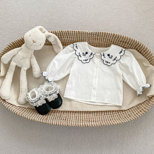 Spring Baby And Kids Girls Vintage White Shirt And Black Leather Shoes Clothing Set