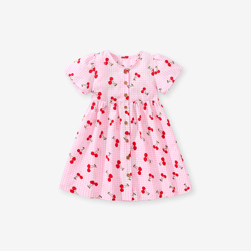 Baby Girls Crew Neck Plaid Cherry Print Short Sleeves Dress