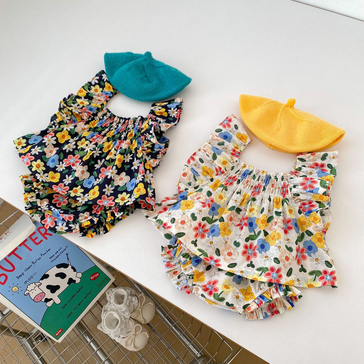 Summer Baby Kids Girls Comfortable Flowers Pattern Strap Top And Shorts Clothing Set
