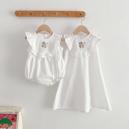 Baby Girl Embroidered Pattern Solid Color Sleeveless Dress & Onesies