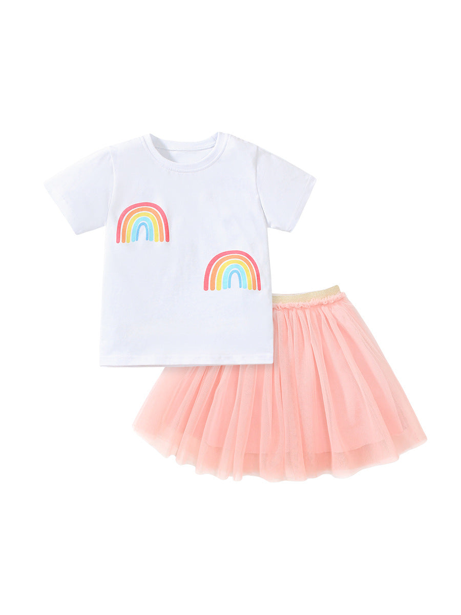 Summer Baby Kids Girls Rainbow Print T-Shirt And Solid Color Mesh Skirt Clothing Set