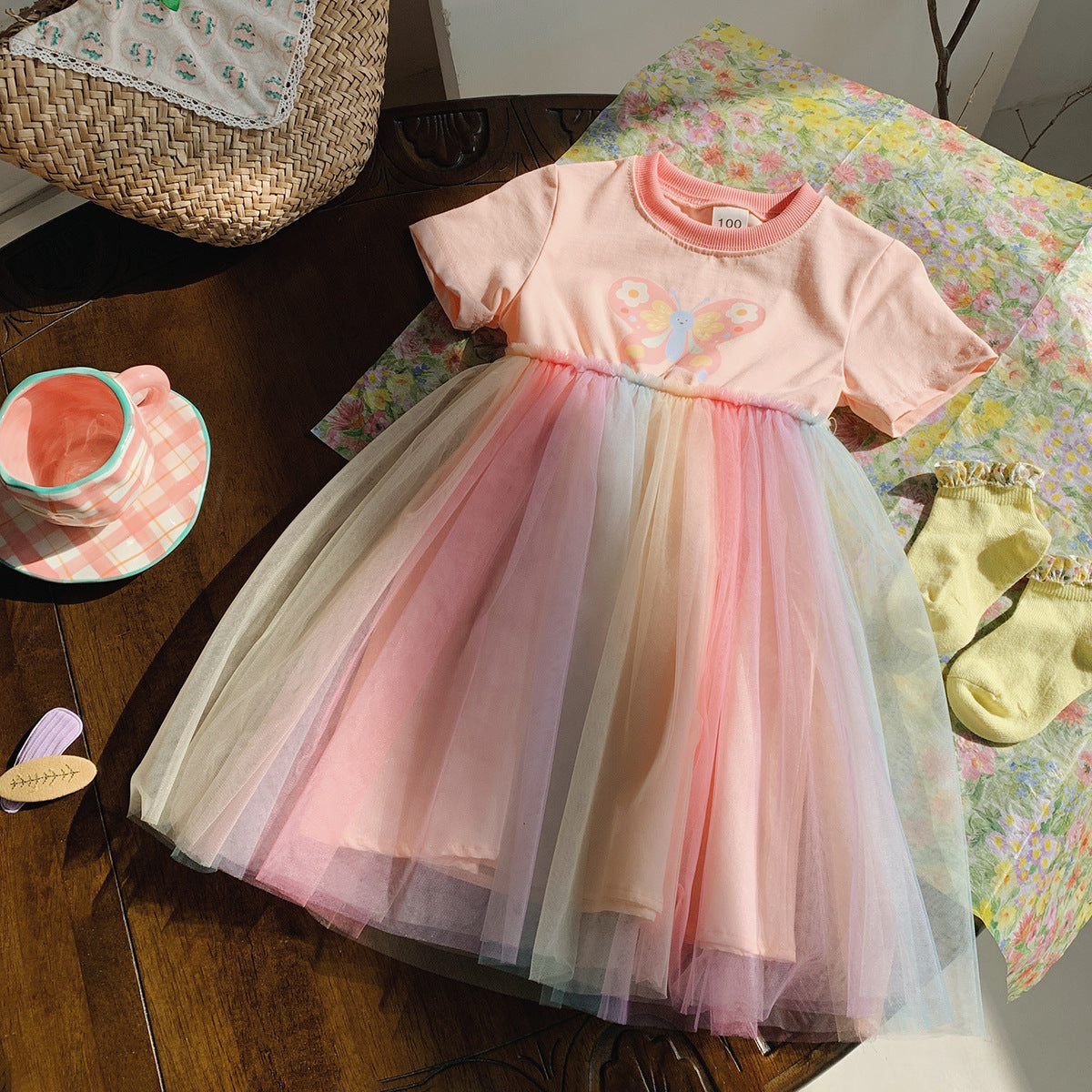 Summer Arrival Butterfly Pattern Short Sleeves Tulle Patchwork Dress for Stylish Girls, MyKids-USA®, Baby & Toddler Dresses, MyKids-USA - Size/Age - 90 (12-24M) - Color - Pink -  -  - TR2503162056-A