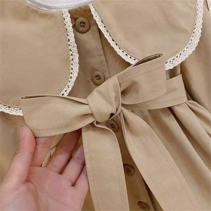 Baby Girls Peter Pan Neck Long Sleeved Khaki Single Breasted Dress With Belt