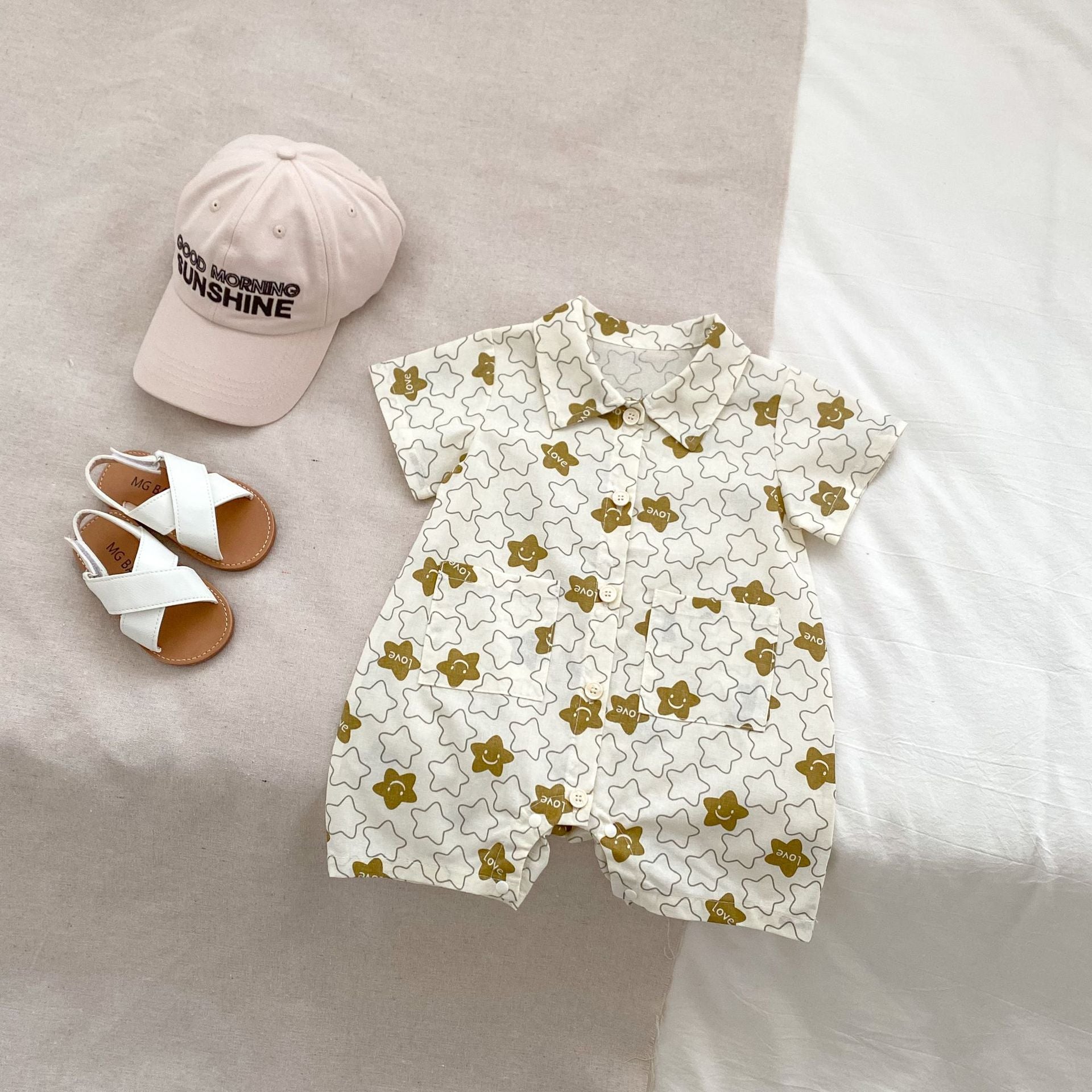 Summer Arrival Short Sleeves Turn-Down Collar Dinosaur/Star Pattern Baby Rompers, MyKids-USA®, Baby One-Pieces, MyKids-USA - Size/Age - 66 (3-6M) - Color - Beige -  -  - TR2404282254-B.