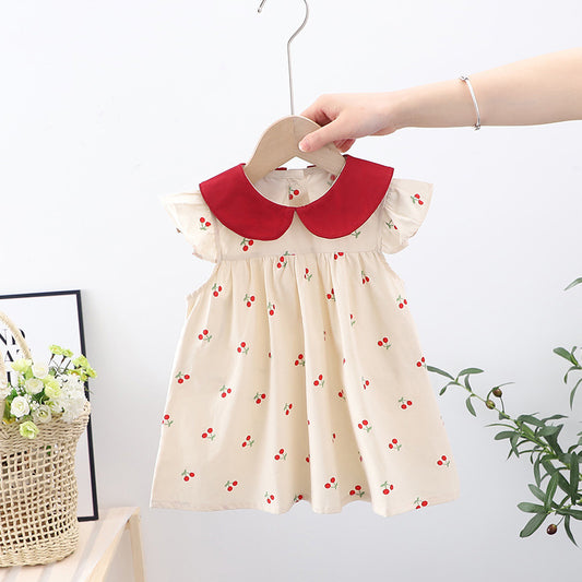 Summer New Arrival Baby Girls Cherry Print Fly Sleeves Peter Pan Collar Dress
