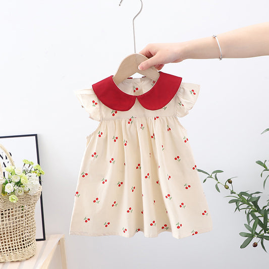 Summer Arrival Baby Girls Cherry Print Fly Sleeves Peter Pan Collar Dress, MyKids-USA®, Baby & Toddler Dresses, MyKids-USA - Size/Age - 80 (9-12M) - Color - Beige -  -  - TR2404291713-A