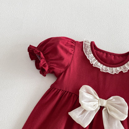 Arrival Summer Baby Kids Girls Short Sleeves Lace Trim Red Rompers
