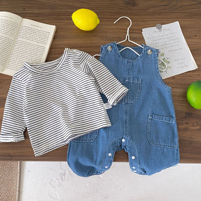 Spring and Autumn Baby Kids Unisex Striped Long Sleeves Top and Denim Sleeveless Overalls Clothing Set, MyKids-USA®, Baby & Toddler Outfits, MyKids-USA - Size/Age - 66 (3-6M) - Color - Blue -  -  - TR2509302328-A