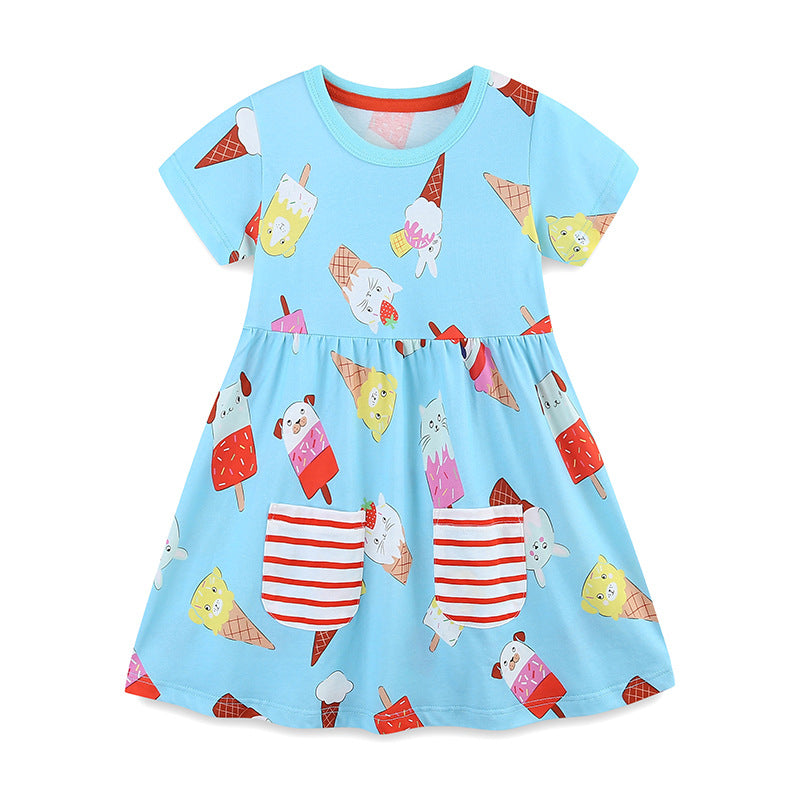 Summer Arrival Animals Shaped Ice-cream Pattern Short Sleeves Crew Neck Dress for Stylish Girls, MyKids-USA®, Baby & Toddler Dresses, MyKids-USA - Size/Age - 90 (12-24M) - Color - Blue -  -  - TR2505271714-A