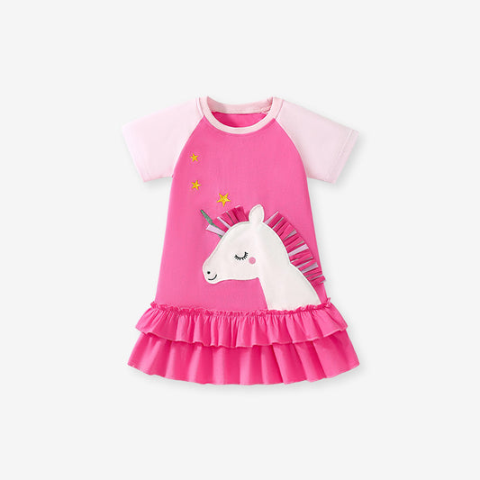Summer Arrival Cartoon Unicorn Pattern Short Sleeves Dress for Stylish Girls, MyKids-USA®, Baby & Toddler Dresses, MyKids-USA - Size/Age - 90 (12-24M) - Color - Pink -  -  - TR2503122129-A