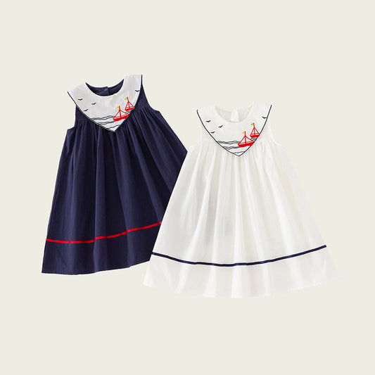 New Design Summer Baby Kids Girls Simple Sleeveless Navy Style Collar Dress