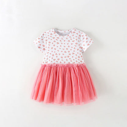 Summer Baby Kids Girls Short Sleeves Flowers Pattern Tulle Patchwork Dress