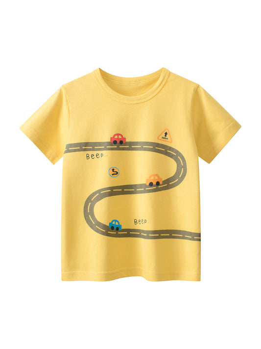 Boys’ Driving Car Cartoon Print T-Shirt In European And American Style