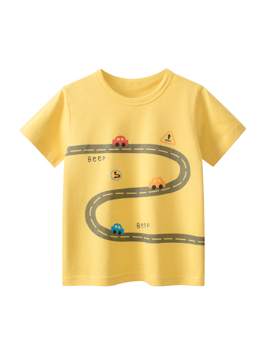 Boys’ Driving Car Cartoon Print T-Shirt In European And American Style, MyKids-USA®, Baby & Toddler Tops, MyKids-USA - Size/Age - 90 (12-24M) - Color - Yellow -  -  - TR2404211914-A