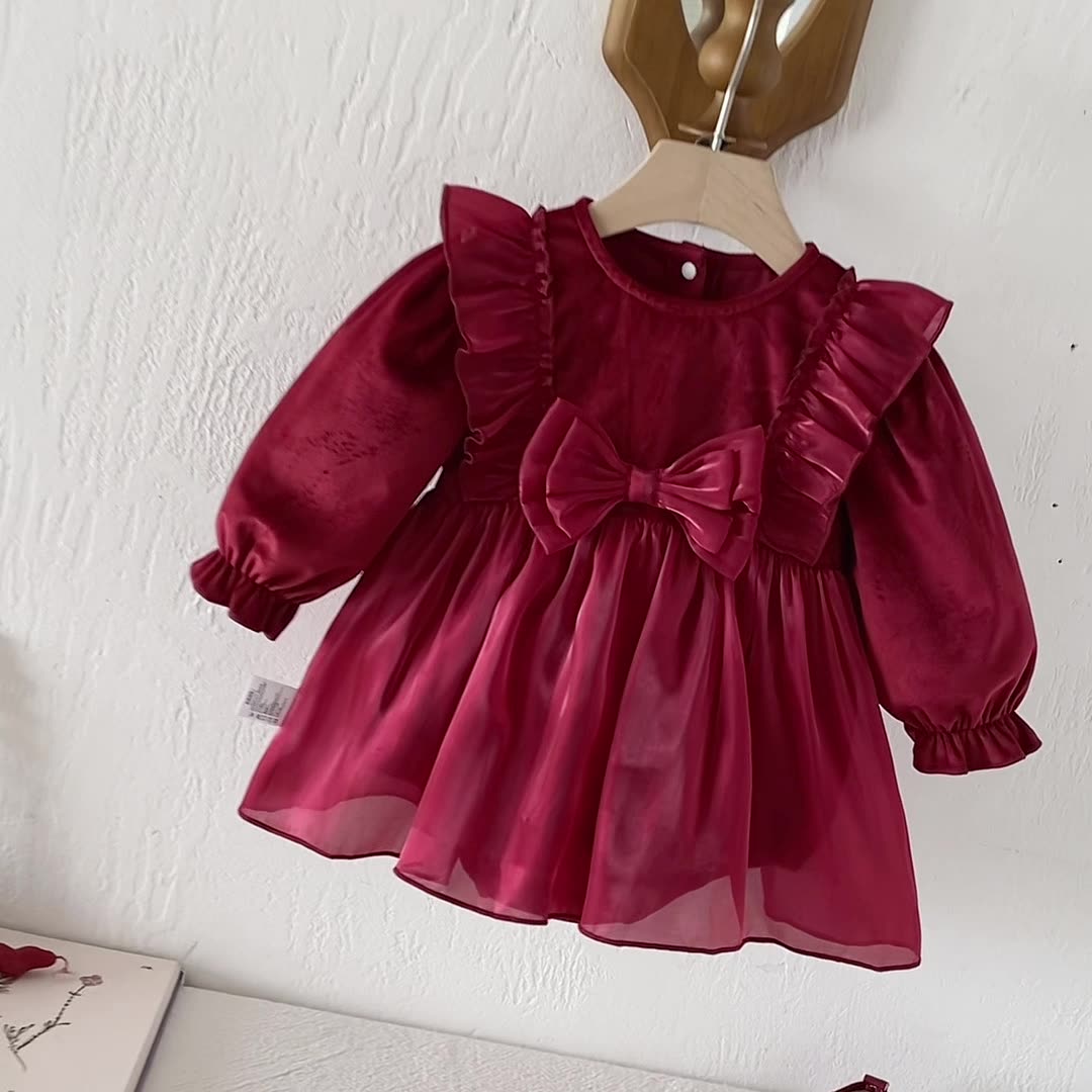 Autumn Arrival Baby Girls Long Sleeves Butterfly-bow Decorated Red Onesies Dress, MyKids-USA®, Baby One-Pieces, MyKids-USA -  -  -  -  -  -  - 