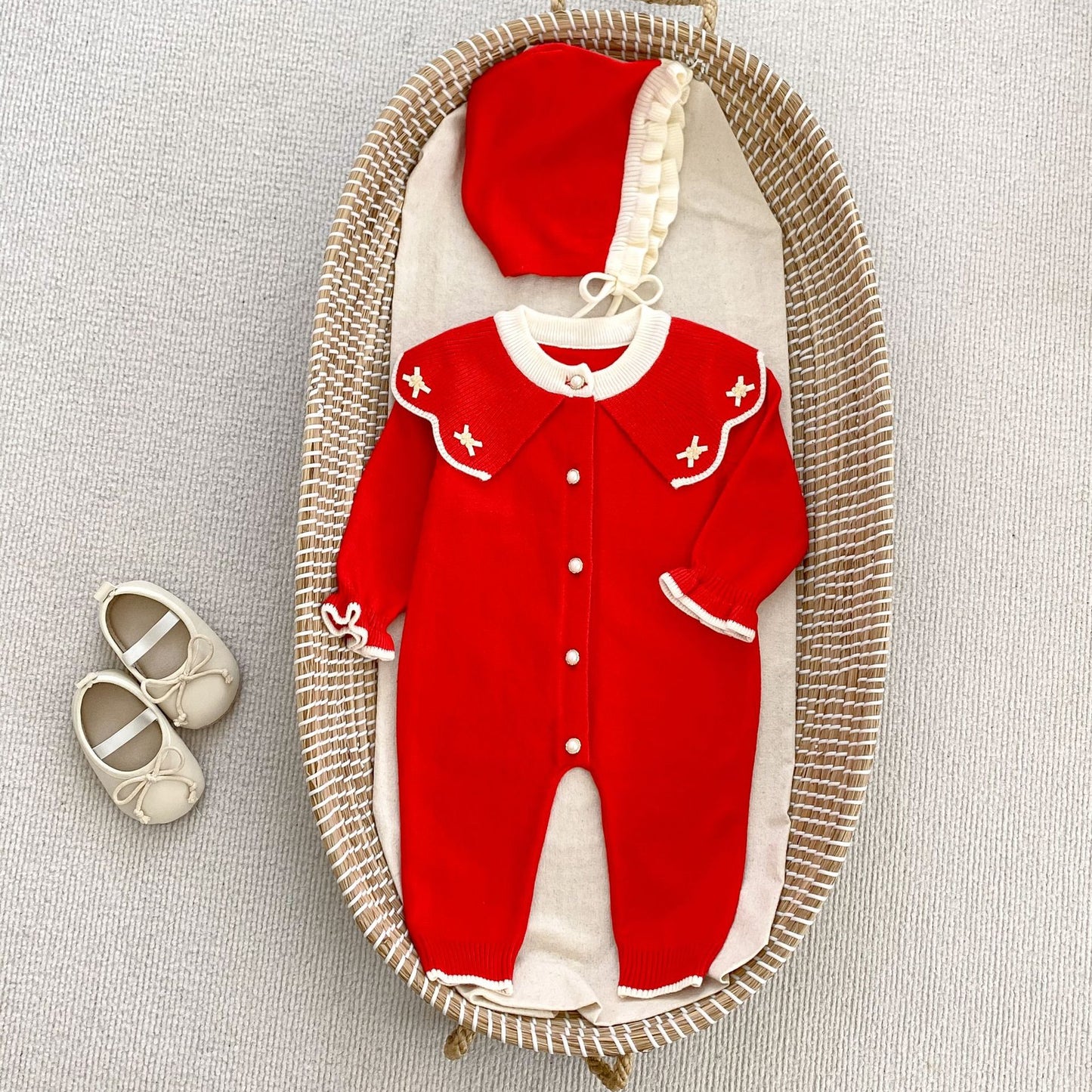 Arrival Autumn Baby Girls Long Sleeves Flowers Pattern Collar Knitted Romper, MyKids-USA®, Baby One-Pieces, MyKids-USA - Size/Age - 66 (3-6M) - Color - Red -  -  - TR2410131647-B