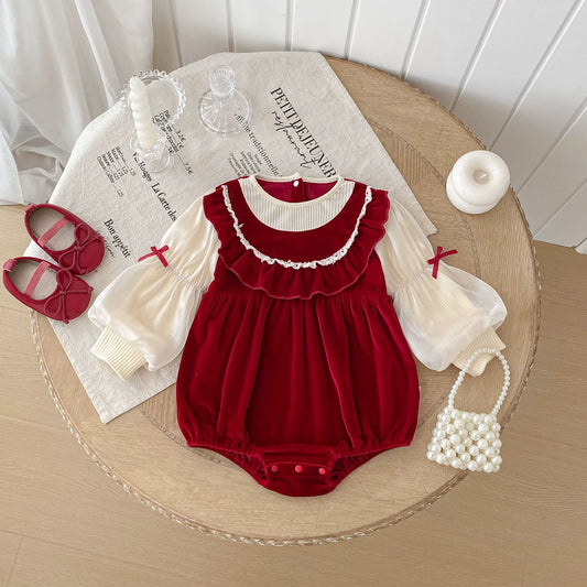 Autumn Arrival Baby Girls Long Sleeves Butterfly-bows Decorated Color Patchwork Onesies, MyKids-USA®, Baby One-Pieces, MyKids-USA - Size/Age - 66 (3-6M) - Color - Red -  -  - TR2508252327-A