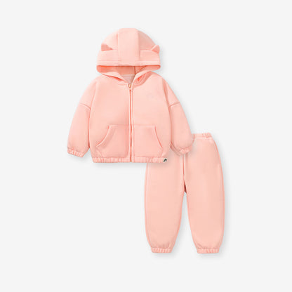Autumn/Winter Baby Kids Girls Pink Solid Color Long Sleeves Hoodie And Pants Clothing Set