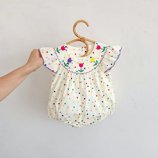 New Arrival Summer Baby Girls Colorful Dots Fly Sleeves Floral Embroidery Onesies