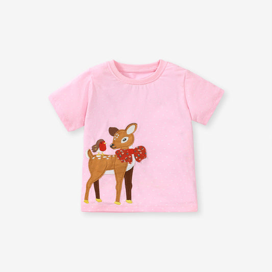 Crew Neck Girls Deer And Bird Pattern T-Shirt In European And American Style For Summer