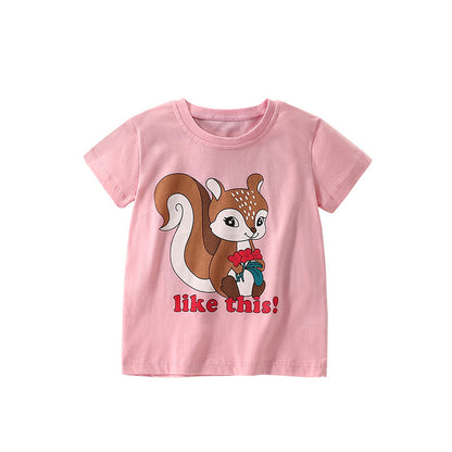 Summer Girls’ Animals Cartoon and Letters Pattern T-shirt in European and American Style, MyKids-USA®, Baby & Toddler Tops, MyKids-USA - Size/Age - 100 (2-3Y) - Color - Pink -  -  - TR2506071706-A
