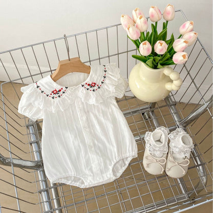 Summer Thin New Arrival Baby Girls Floral Pattern Embroidery Collar Short Sleeves Single Breasted Onesies