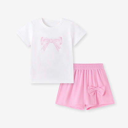 Summer Hot Selling Baby Kids Girls Short Sleeves Butterfly-bow Pattern T-shirt and Shorts Clothing Set