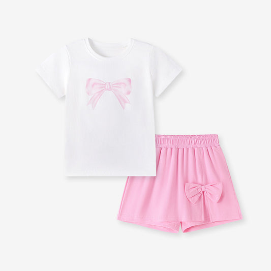 Summer Hot Selling Baby Kids Girls Short Sleeves Butterfly-bow Pattern T-shirt and Shorts Clothing Set