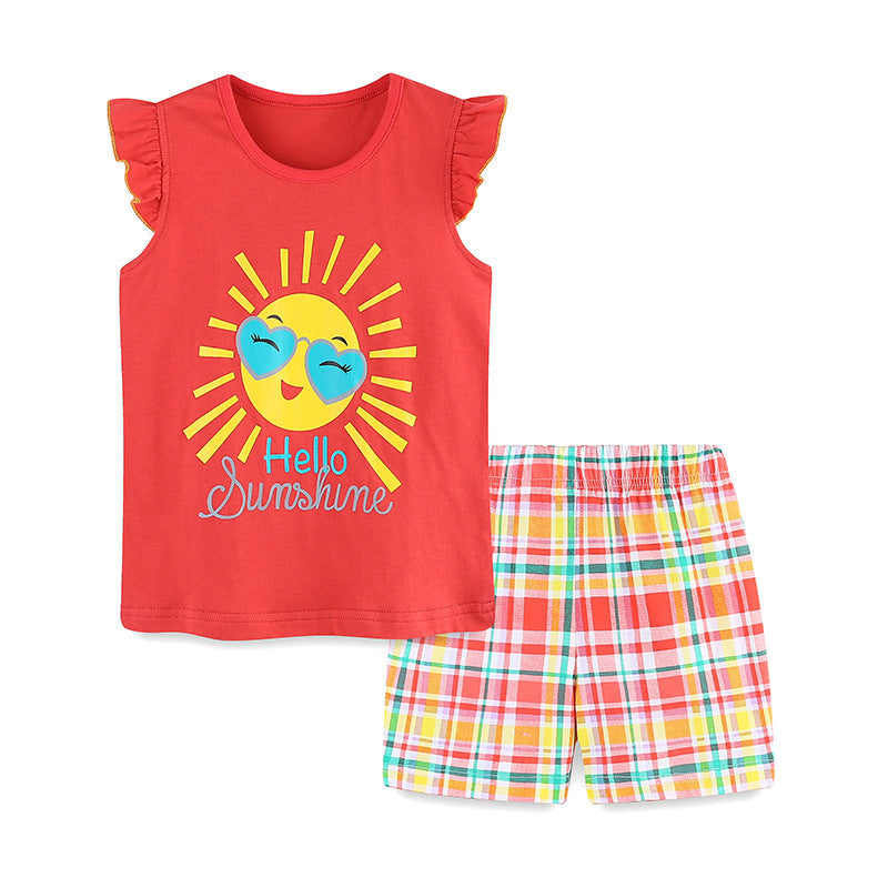 Summer Baby Kids Cartoon Sunshine Pattern Vest and Plaid Shorts Clothing Set for Girls, MyKids-USA®, Baby & Toddler Outfits, MyKids-USA - Size/Age - 90 (12-24M) - Color - Red -  -  - TR2505082129-A