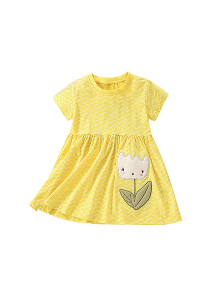 Summer Arrival Cartoon Flowers Pattern Short Sleeves Crew Neck Striped Dress for Stylish Girls, MyKids-USA®, Baby & Toddler Dresses, MyKids-USA -  -  -  -  -  -  - 