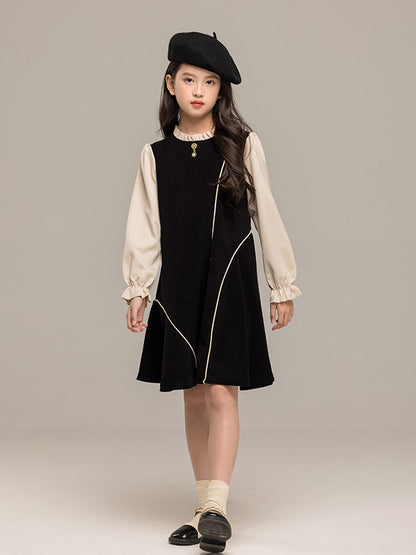 Autumn Arrival Long Sleeves Color Patchwork Dress for Stylish Girls