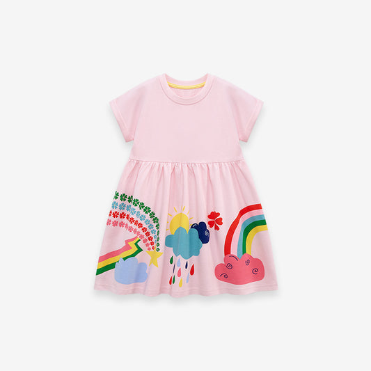 Kids Baby Girls Short Sleeves Floral Rainbow Pink Dress, MyKids-USA®, Baby & Toddler Dresses, MyKids-USA - Size/Age - 90 (12-24M) - Color - Pink -  -  - TR2312302230-A
