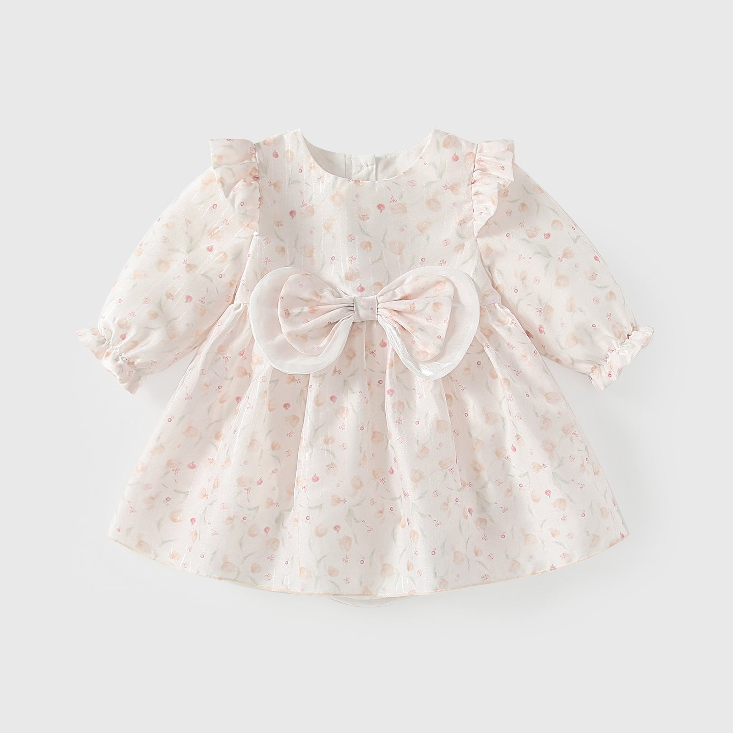 Arrival Spring Baby Girls Floral Pattern Long Sleeves Bodysuit Dress with Butterfly-bow, MyKids-USA®, Baby & Toddler Dresses, MyKids-USA - Size/Age - 66 (3-6M) - Color - Beige -  -  - TR2601052128-A.