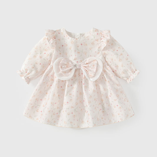 Arrival Spring Baby Girls Floral Pattern Long Sleeves Bodysuit Dress with Butterfly-bow