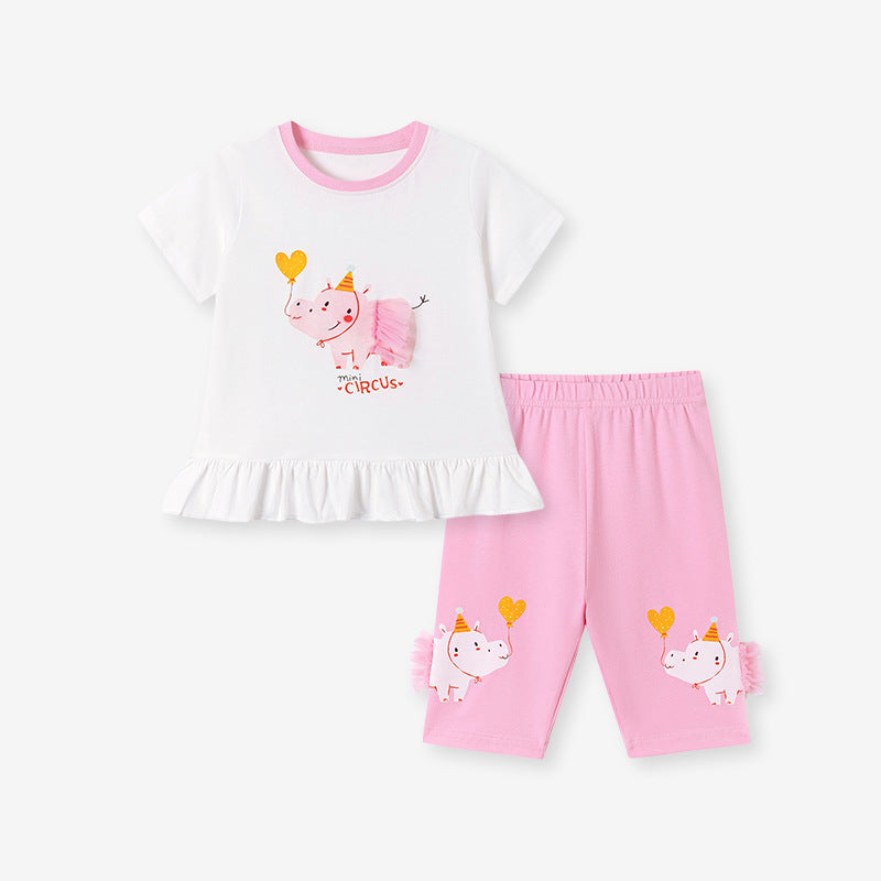 Summer Hot Selling Baby Kids Girls Short Sleeves Cartoon Pattern T-shirt and Pants Clothing Set
