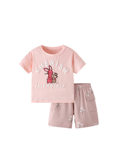 Summer Baby Kids Cartoon and Letters Pattern T-shirt and Floral Shorts Clothing Set for Girls, MyKids-USA®, Baby & Toddler Outfits, MyKids-USA -  -  -  -  -  -  - 