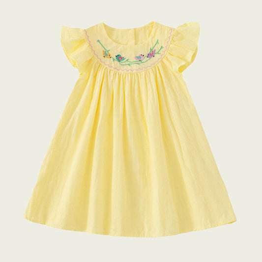 Summer Baby Kids Girls Sleeveless Birds Embroidery Yellow Dress, MyKids-USA®, Baby & Toddler Dresses, MyKids-USA - Size/Age - 90 (12-24M) - Color - Yellow -  -  - TR2403072108-A