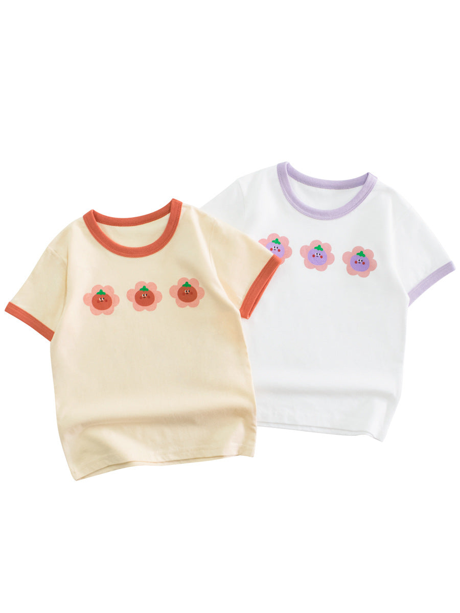 Fruit Flowers Cartoon Pattern Girls’ T-Shirt In European And American Style For Summer