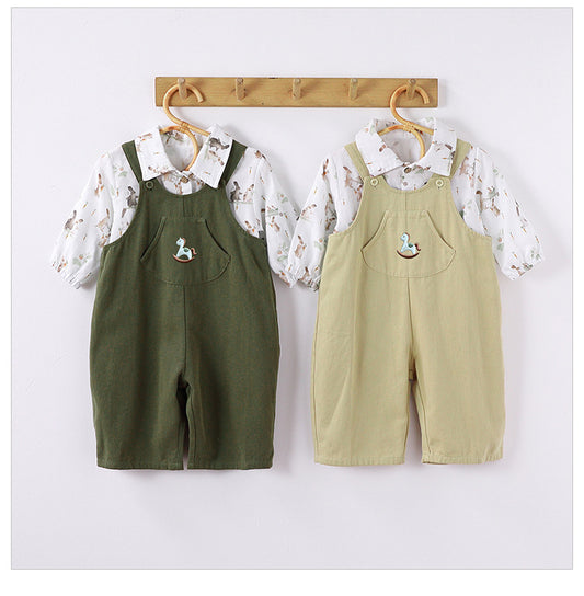 Autumn Baby Unisex Cute Rabbit Print Turn-down Collar Top and Embroidered Overalls, MyKids-USA®, Baby One-Pieces, MyKids-USA -  -  -  -  -  -  - 