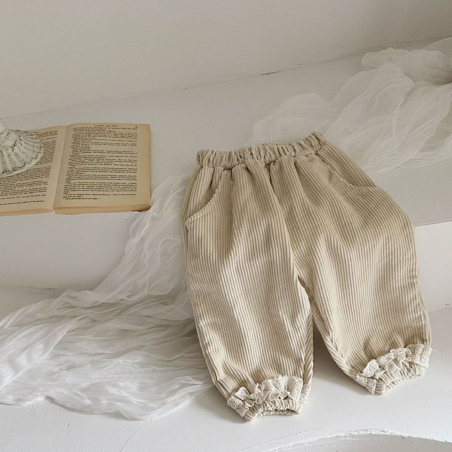 Autumn Arrival Kids Girls Soft Comfortable Corduroy Lace Trim Pants, MyKids-USA®, Trousers, MyKids-USA - Size/Age - 66 (3-6M) - Color - Beige -  -  - TR2508132246-A