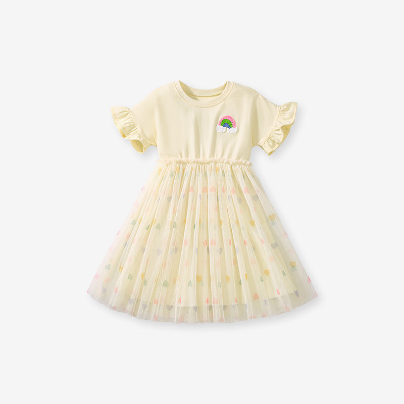 Summer Arrival Rainbow Pattern Short Sleeves Tulle Patchwork Dress for Stylish Girls, MyKids-USA®, Baby & Toddler Dresses, MyKids-USA - Size/Age - 90 (12-24M) - Color - Apricot -  -  - TR2503122057-A