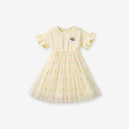 Summer Arrival Rainbow Pattern Short Sleeves Tulle Patchwork Dress for Stylish Girls, MyKids-USA®, Baby & Toddler Dresses, MyKids-USA - Size/Age - 90 (12-24M) - Color - Apricot -  -  - TR2503122057-A