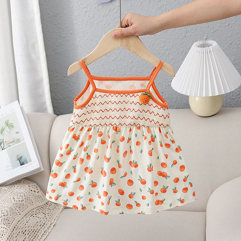 New Design Summer Girls Vivid Orange Print Striped Sleeveless Strap Dress
