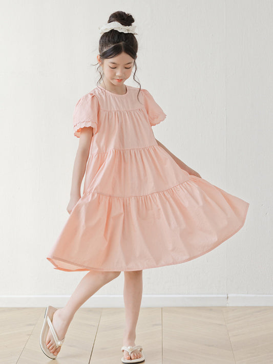 Summer Arrival Short Sleeves Pink Solid Color Dress for Stylish Girls