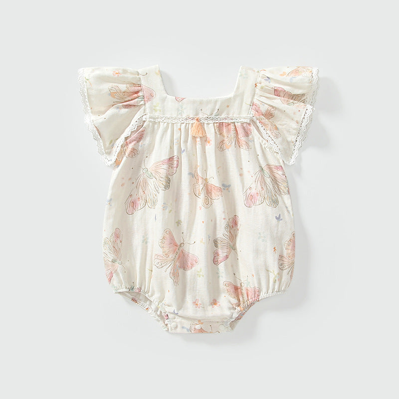 Summer Arrival Fly Sleeves Butterfly Pattern Square Neck Onesies for Stylish Girls, MyKids-USA®, Baby One-Pieces, MyKids-USA - Size/Age - 66 (3-6M) - Color - Beige -  -  - TR2505011732-A
