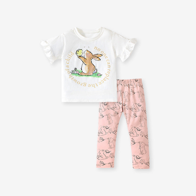 Girls Rabbits Cartoon White T-Shirt And Pink Pants Set