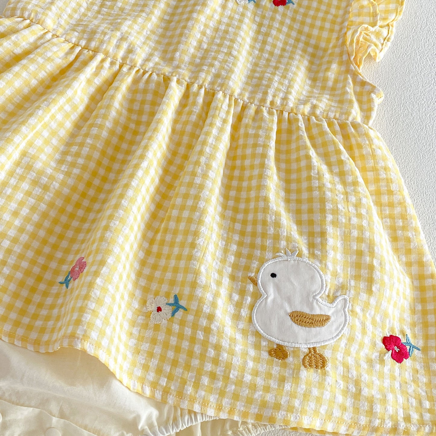 Design Summer Baby Kids Girls Fly Sleeves Plaid and Cartoon Pattern Bodysuit Dress