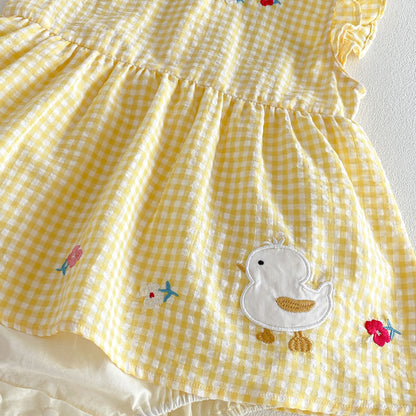 Design Summer Baby Kids Girls Fly Sleeves Plaid and Cartoon Pattern Bodysuit Dress