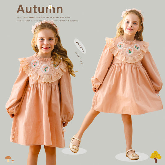 Design Autumn Girls Flower Embroidery Ruffle Neck Long Sleeves French Style Dress, MyKids-USA®, Baby & Toddler Dresses, MyKids-USA -  -  -  -  -  -  - 