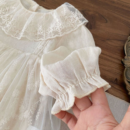 Autumn and Spring Arrival Baby Kids Girls Long Sleeves Flowers Pattern Tulle Decorated Dress